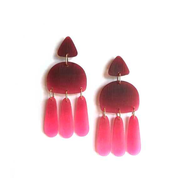 Three Tassel Earrings: Dark Scarlet - Fluorescent Pink