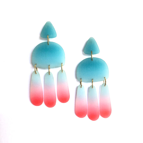 Three Tassel Earrings: Dusty Teal - Neon Coral