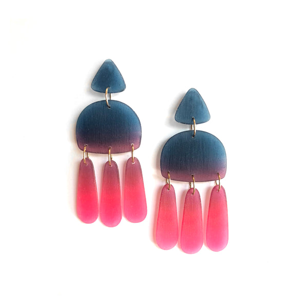 Three Tassel Earrings: Ultramarine - Fluorescent Pink
