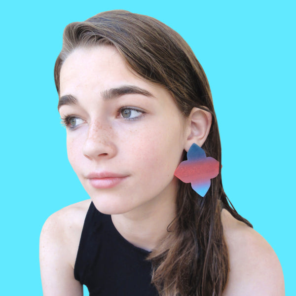 Large Quatrefoil Earrings: Navy-Strawberry-Aqua