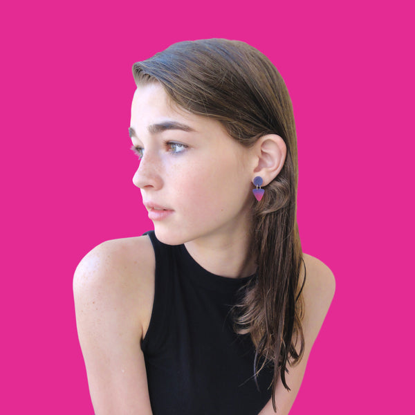 Small Circle Tri Drop Earrings: Electric Pink - Orange