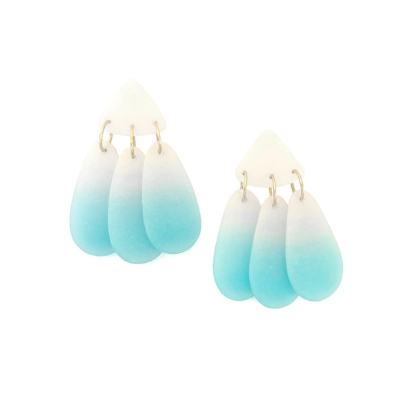 Small Three Tassel Earrings: Ivory - Caribbean Blue