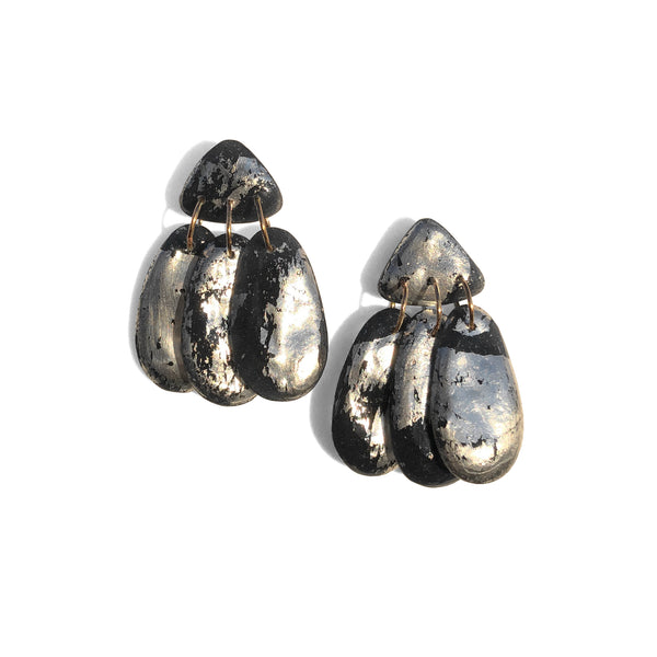 Small Three Tassel Earrings: Silver Leaf Midnight Splash